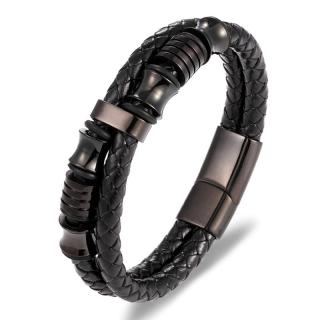 Daniel Dawson Pánský náramek Nataniel Black, chirurgická ocel, kůže - Černá / 21 cm (XL) NR1158