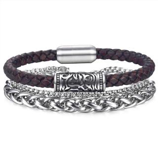 Daniel Dawson Trojitý pánský náramek Lucas, chirurgická ocel a kůže - 20 cm (L) / Hnědá NR1112