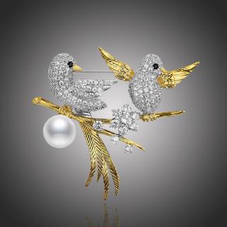 Éternelle Exkluzivní brož Swarovski Elements D´Onofrio - ptáčci - Zlatá B1078
