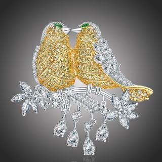 Éternelle Exkluzivní brož Swarovski Elements Zamilovaní ptačci - Zlatá B1074