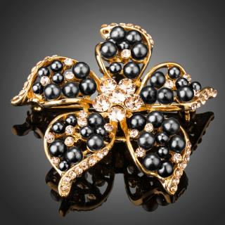 Francesca Petrucci Brož s perlou a Swarovski Elements Bulgarelli - květina - Černá B0058