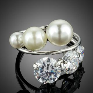 Francesca Petrucci Prsten s perlou a Swarovski Elements krystaly Croce - 59 / Bílá/čirá P0175