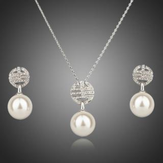 Francesca Petrucci Souprava náhrdelníku a náušnic s perlou Masselin Silver - Bílá/čirá / 39 cm + 3 cm (prodloužení) SET0076