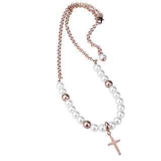 Manoki Náhrdelník růženec Eva chirurgická ocel a perla Swarovski - kříž - 55 cm / Bílá/čirá WA117R