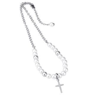 Manoki Náhrdelník růženec Marie chirurgická ocel a perla Swarovski - kříž - 55 cm / Bílá/čirá WA117