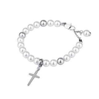 Manoki Náramek růženec Marie  chirurgická ocel a perla Swarovski - kříž - 19 cm (S) / Bílá/čirá BA094