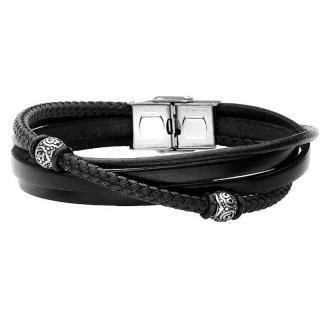 Manoki Pánský náramek Ernst z pravé kůže a chirurgické oceli - 22 cm (XXL) / Černá BA654B