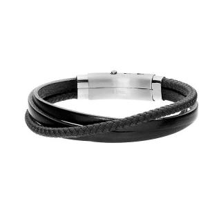 Manoki Pánský náramek Mark z pravé kůže a chirurgické oceli, bavlněná šňůrka - Černá / 21 cm - 22,5 cm (nastavitelná) BA585B