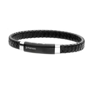 Manoki Pánský náramek Stephane z pravé kůže a chirurgické oceli - Černá / 20 cm - 22,5 cm (nastavitelná) BA339B