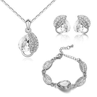 Sisi Jewelry Souprava náhrdelníku, náušnic a náramku Swarovski Elements Leaf - Bílá/čirá / 40 cm + 5 cm (prodloužení) SET2039