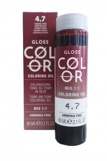 GLOSS COLOR Demi-permanentní barva na vlasy tón v tónu na bázi oleje s kyselým pH bez amoniaku - 60 ml Odstíny GLOSS COLOR: GLOSS COLOR 4.7 60ml