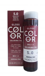 GLOSS COLOR Demi-permanentní barva na vlasy tón v tónu na bázi oleje s kyselým pH bez amoniaku - 60 ml Odstíny GLOSS COLOR: GLOSS COLOR 5.0 60ml