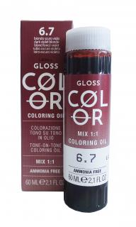 GLOSS COLOR Demi-permanentní barva na vlasy tón v tónu na bázi oleje s kyselým pH bez amoniaku - 60 ml Odstíny GLOSS COLOR: GLOSS COLOR 6.7 60ml