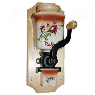 Ruční porcelánový mlýnek na kávu - červená růže / přírodní (odstín dřeva přírodní, výška 30 cm)