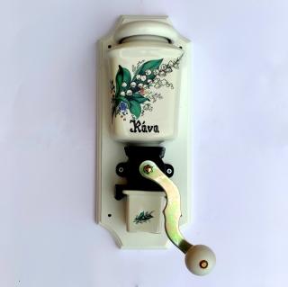 Ruční porcelánový mlýnek na kávu - konvalinky / bílé dřevo (odstín dřeva bílá, výška 30 cm)