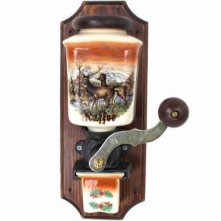 Ruční porcelánový mlýnek na kávu - myslivecký motiv / třešeň / jeleni hnědá (odstín dřeva přírodní, výška 30 cm)