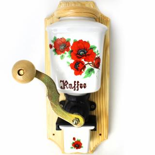 Ruční porcelánový mlýnek na kávu - vlčí mák / přírodní (odstín dřeva přírodní, výška 30 cm)