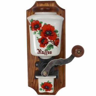 Ruční porcelánový mlýnek na kávu - vlčí mák / třešeň (odstín dřeva přírodní, výška 30 cm)
