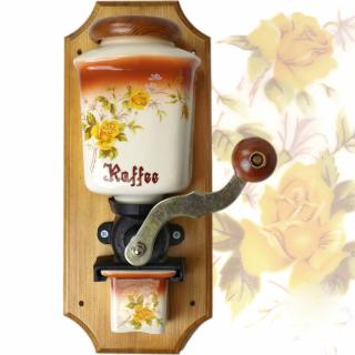 Ruční porcelánový mlýnek na kávu - žlutá růže / přírodní (odstín dřeva přírodní, výška 30 cm)