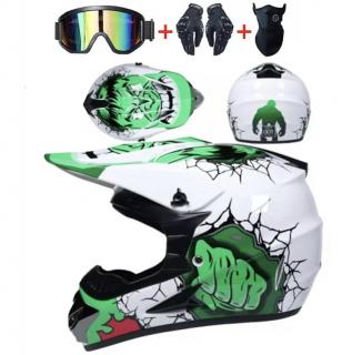 Motokrosová helma Hulk set zelená s brýlemi rukavicemi a nákrčníkem