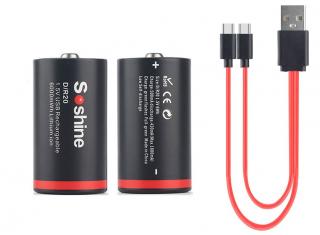 2x dobíjecí USB D (LR20) 1,5V baterie Soshine 6000mWh + USB kabel