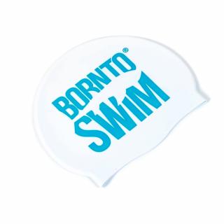 Plavecká silikonová čepice BÍLÁ BornToSwim® Classic BLANKYTNĚ MODRÉ logo Barva: Bílo/modrá