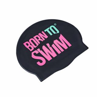Plavecká silikonová čepice ČERNÁ BornToSwim® s RŮŽOVO-MÁTOVÝM logem Barva: Černo/růžovo-mátová