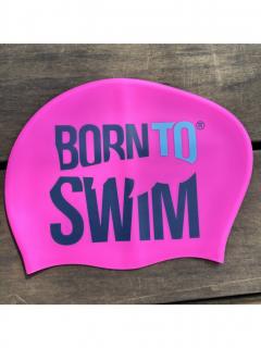Plavecká silikonová čepice RŮŽOVÁ BornToSwim® pro dlouhé vlasy MODRO-TYRKYSOVÉ logo Barva: Růžová/modro-tyrkysová