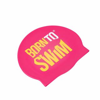 Plavecká silikonová čepice RŮŽOVÁ BornToSwim® se ŽLUTO-BÍLÝM logem Barva: Růžová/žluto-bílá