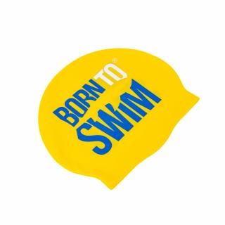 Plavecká silikonová čepice ŽLUTÁ BornToSwim® s MODRO-BÍLÝM logem Barva: Žlutá/modro-bílá