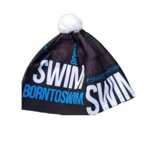 Zimní čepice černá BornToSwim® s modrým logem a bílou bambulí Barva: Černo/modrá, Velikost: XL