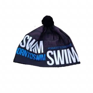 Zimní čepice černá BornToSwim® s modrým logem a černou bambulí Barva: Černo/modrá, Velikost: S