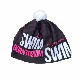 Zimní čepice černá BornToSwim® s růžovým logem a bílou bambulí Barva: Černo/růžová, Velikost: XL