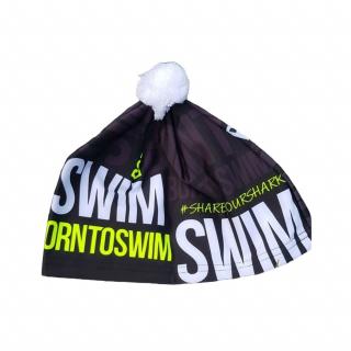 Zimní čepice černá BornToSwim® se žlutým logem a bílou bambulí Barva: Černo/žlutá, Velikost: XL