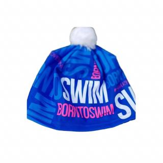 Zimní čepice modrá BornToSwim® s růžovým logem a bílou bambulí Barva: Modro/růžová, Velikost: L