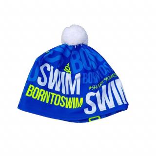 Zimní čepice modrá BornToSwim® se žlutým logem a bílou bambulí Barva: Modro/žlutá, Velikost: XL