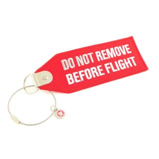 klíčenka DO NOT  REMOVE BEFORE FLIGHT červená