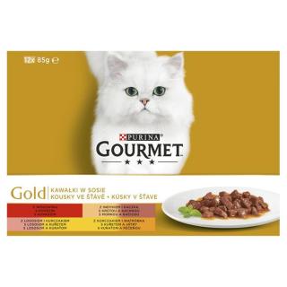 GOURMET Gold multipack 12x85g hovězí/krůta+kachna/losos+kuře/kuře+játra, šťáva