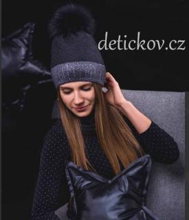 Luxusní dámská-dívčí zimní čepice s pravou kožešinou stříbrno - černá