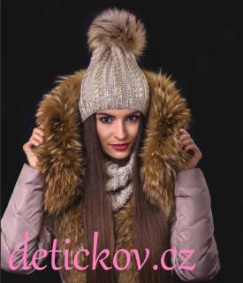 Luxusní dámská-dívčí zimní čepice s pravou kožešinou zlato-béžová