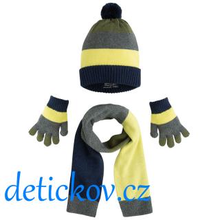 Mayoral mini boy 3 dílný zimní set čepice + šála + rukavice žlutý pruh