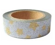 Dekorační lepicí páska glitrová - WASHI tape - stříbrná se zlatým hvězdami