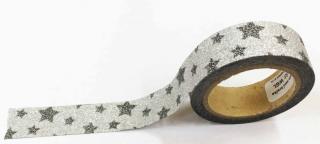 Dekorační lepicí páska glitrová - WASHI tape - stříbrné hvězdy ve stříbře