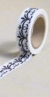 Dekorační lepicí páska - WASHI tape-1ks černá listová bordura v bílé