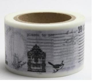Dekorační lepicí páska - WASHI tape-1ks černobílý ptáček, dům...