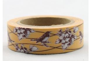 Dekorační lepicí páska - WASHI tape-1ks hnědí ptáci v okrové