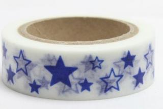 Dekorační lepicí páska - WASHI tape-1ks hvězdy modré v bílé