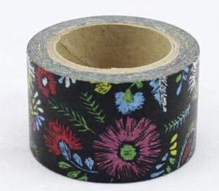 Dekorační lepicí páska - WASHI tape-1ks květiny v černém