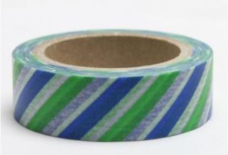 Dekorační lepicí páska - WASHI tape-1ks pruhy modrá, bílá, zelená
