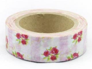 Dekorační lepicí páska - WASHI tape-1ks růže v růžové proužce